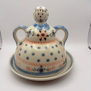 Boleslawiec Polish Pottery Large Cheese Lady Butter Dish Plate Blue Pink Floral